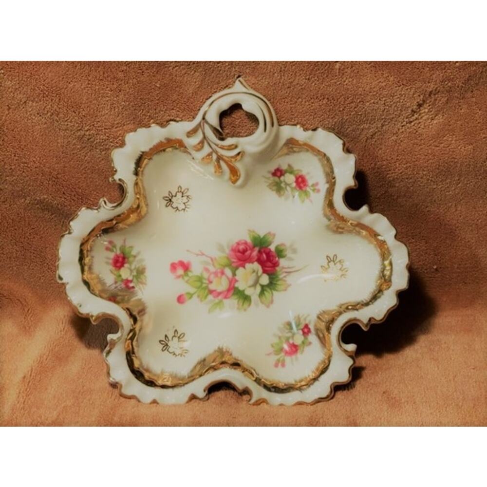 Vintage Lipper & Mann Handpainted Floral, Crimped Edge, 24Kt Gold Accented Dish